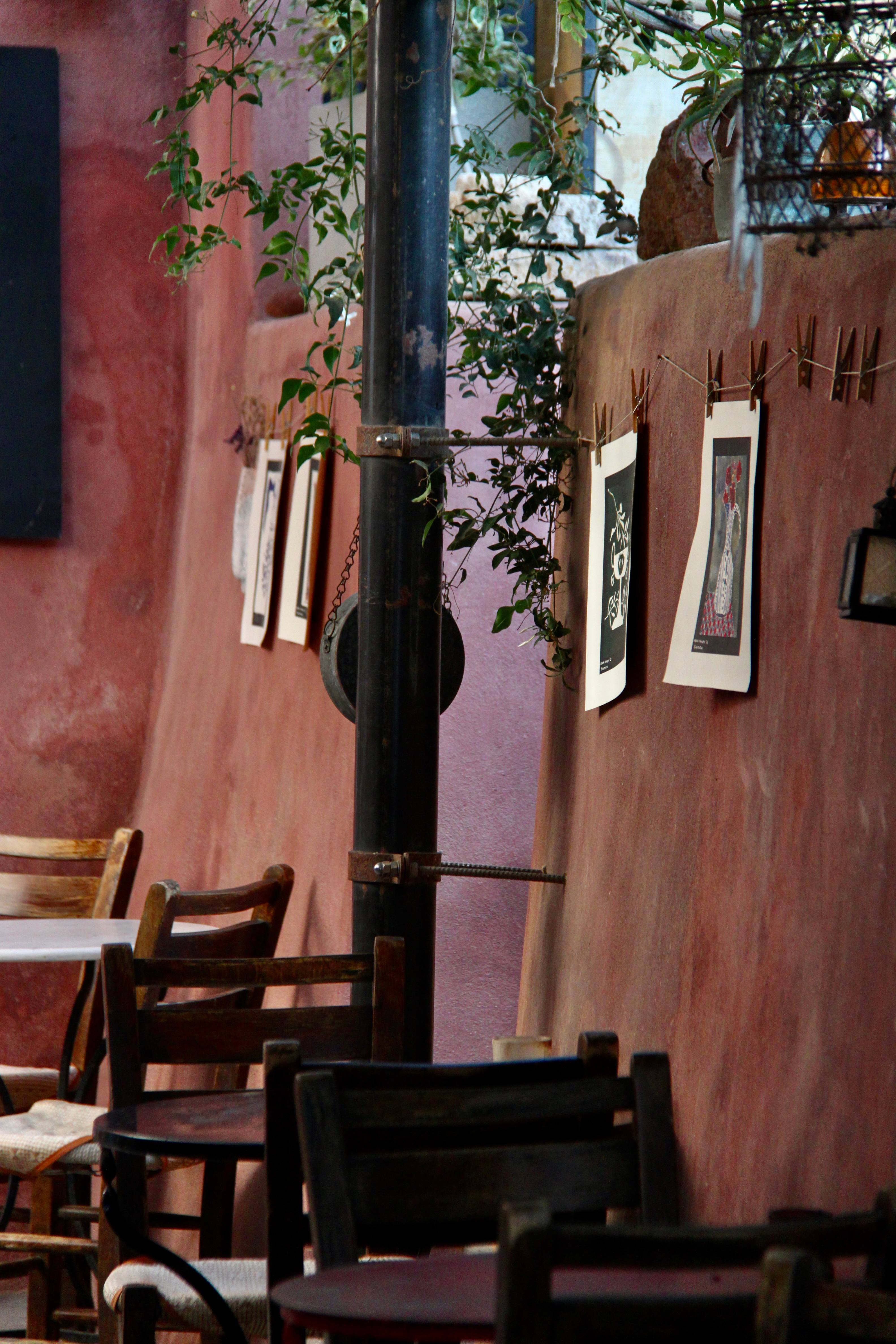 Contemporary artworks displayed against the rose walls of the canava